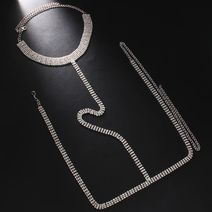 Men's Silver Alloy Body Chain With White Crystal Pattern, Electroplated Chest Accessory