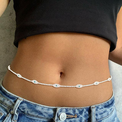 Women's Silver Alloy Waist Chain Featuring Devil's Eye Pattern With Electroplated Finish And Rhinestone Inlay