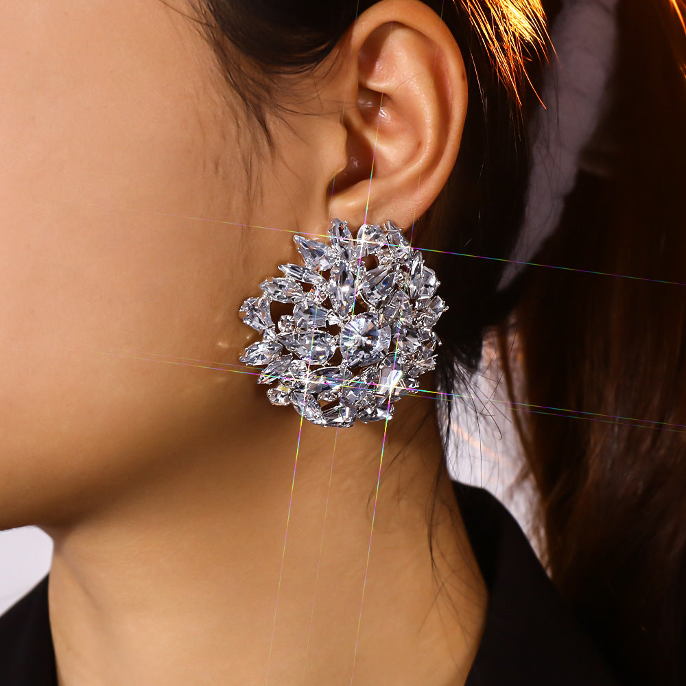 Geometric Silver Alloy Clip Earrings For Women With Rhinestone Inlay