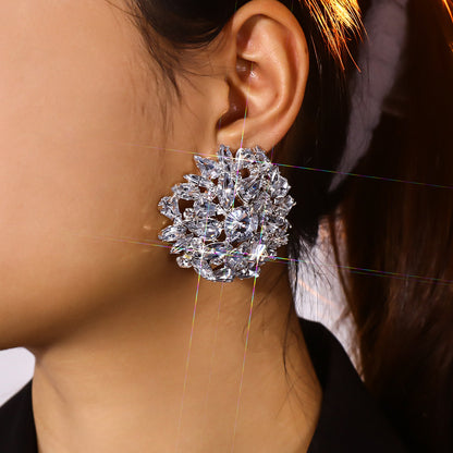 Geometric Silver Alloy Clip Earrings For Women With Rhinestone Inlay