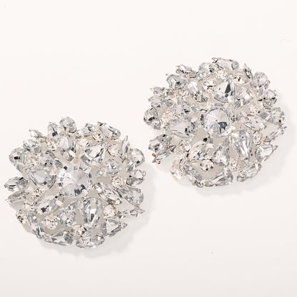 Geometric Silver Alloy Clip Earrings For Women With Rhinestone Inlay