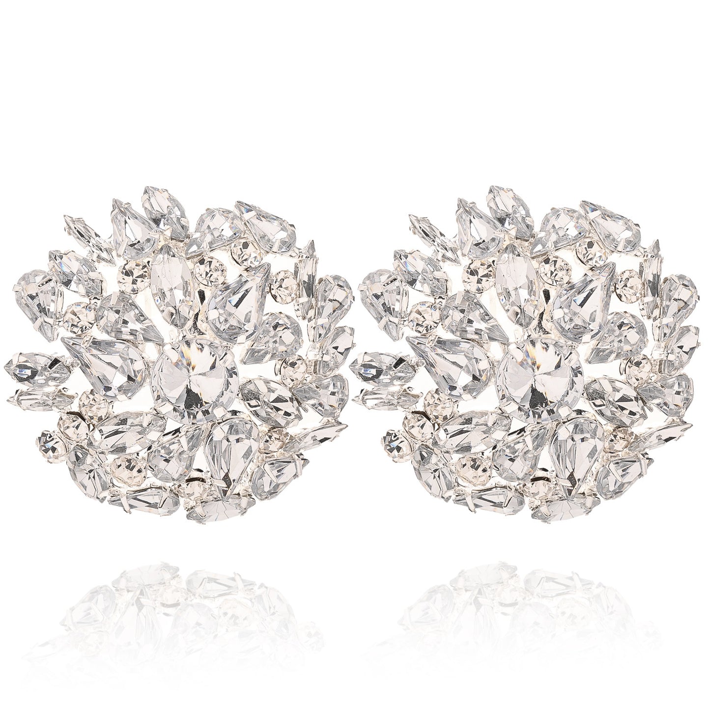 Geometric Silver Alloy Clip Earrings For Women With Rhinestone Inlay