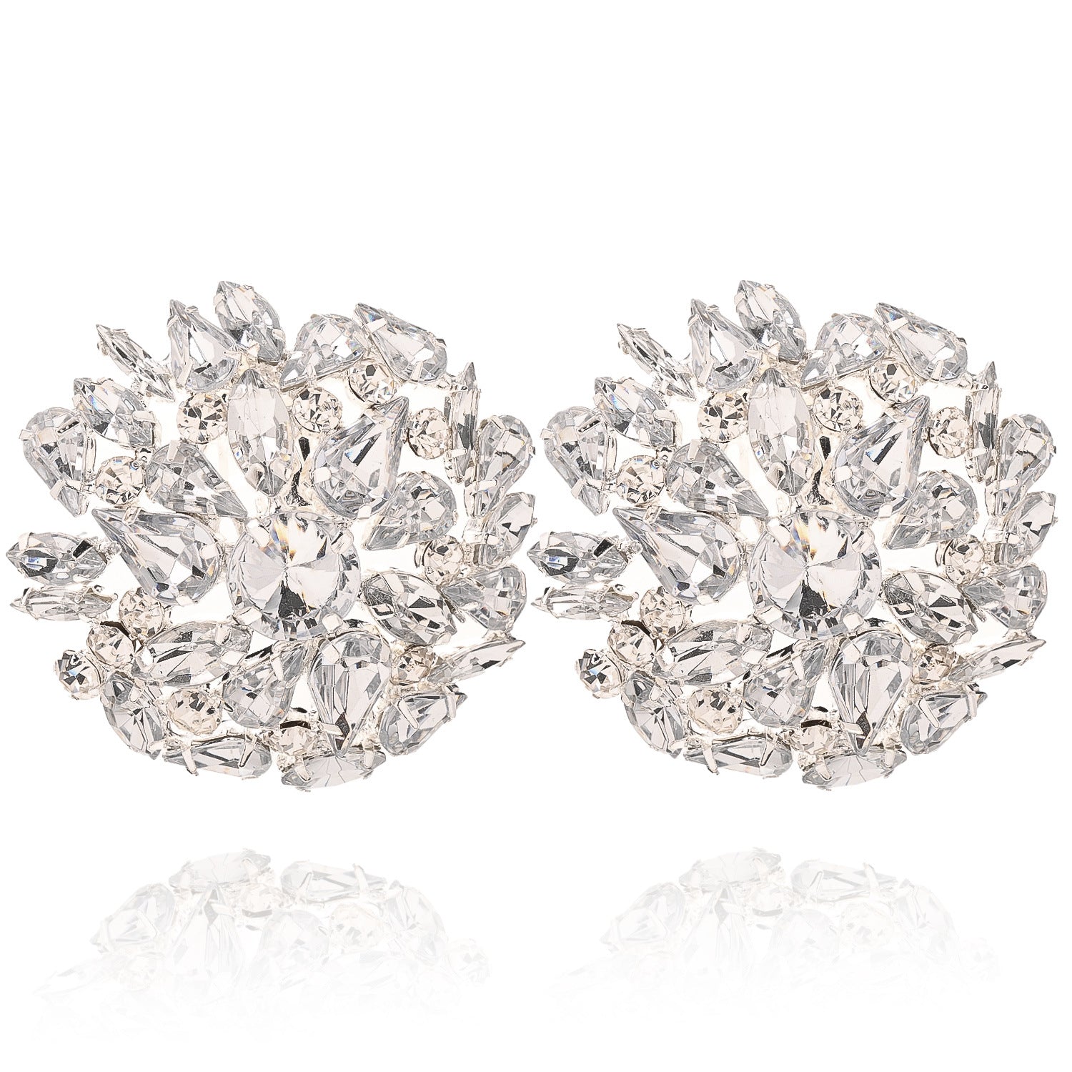 Geometric Silver Alloy Clip Earrings For Women With Rhinestone Inlay