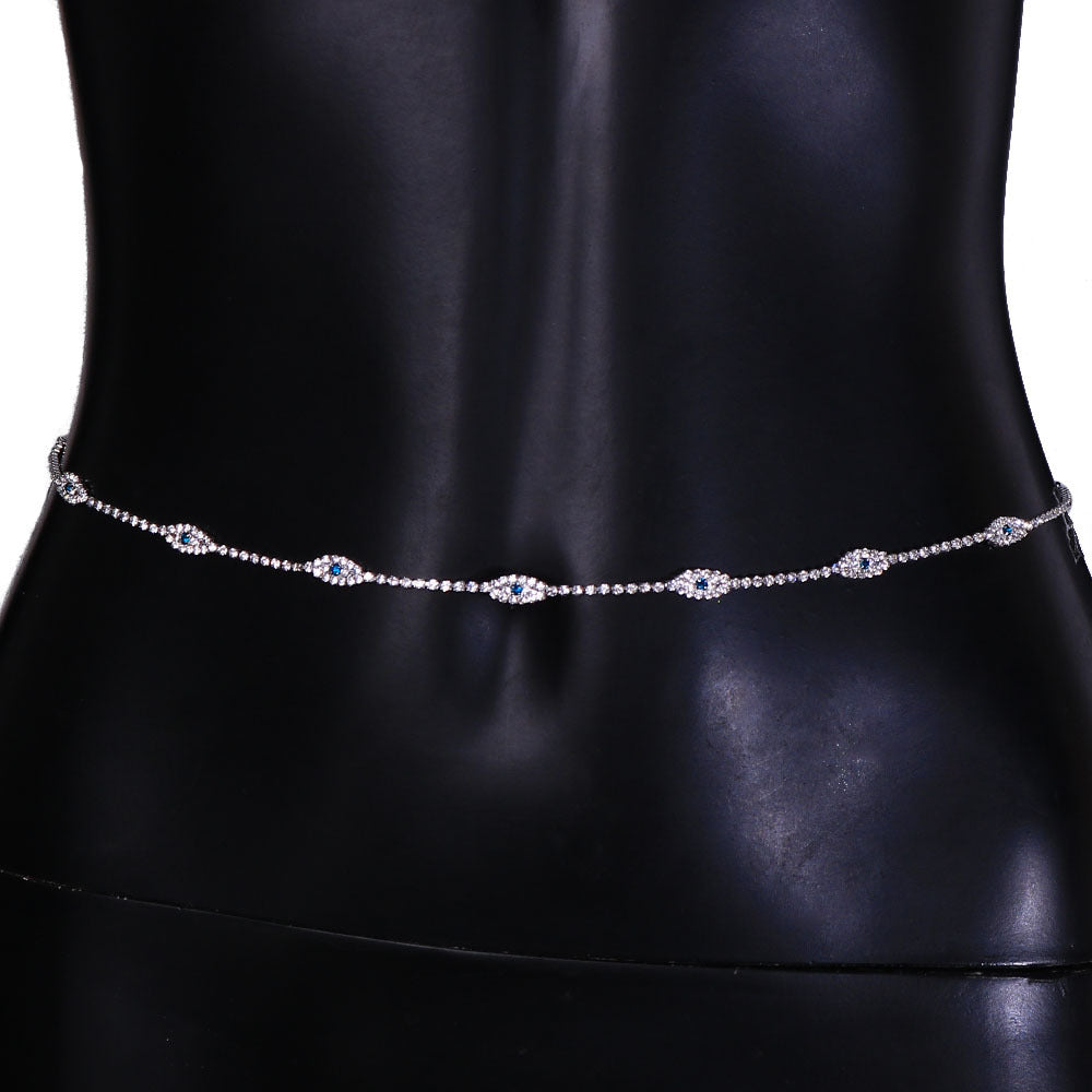 Women's Silver Alloy Waist Chain Featuring Devil's Eye Pattern With Electroplated Finish And Rhinestone Inlay