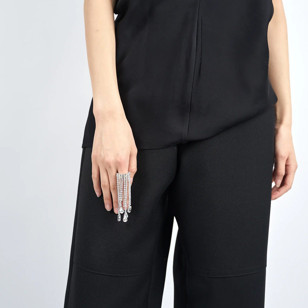 Unisex Water Droplets Ring With Tassel Craft, Electroplated Alloy Featuring Rhinestone Inlay