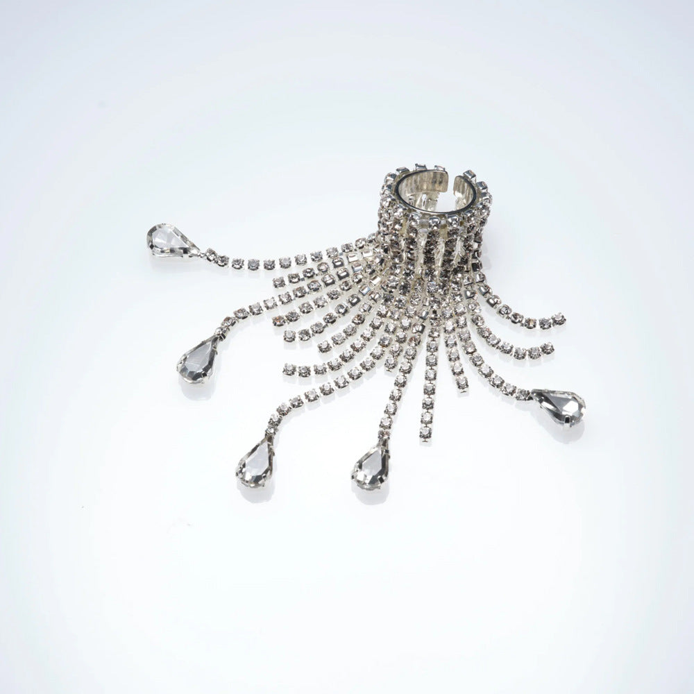 Unisex Water Droplets Ring With Tassel Craft, Electroplated Alloy Featuring Rhinestone Inlay
