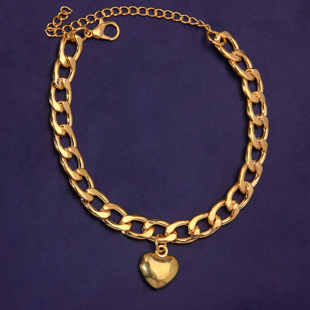 Women’s Punk Gold Anklet In Titanium Steel With Heart Shape Design And Artificial Gemstones