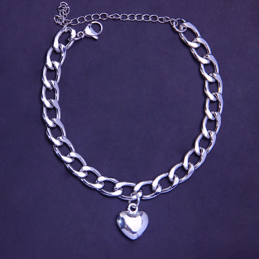 Women’s Punk Gold Anklet In Titanium Steel With Heart Shape Design And Artificial Gemstones