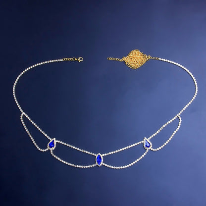 Ethnic Style Blue Alloy Body Chain For Women With Crystal Pattern And Electroplated Finish Featuring Rhinestones
