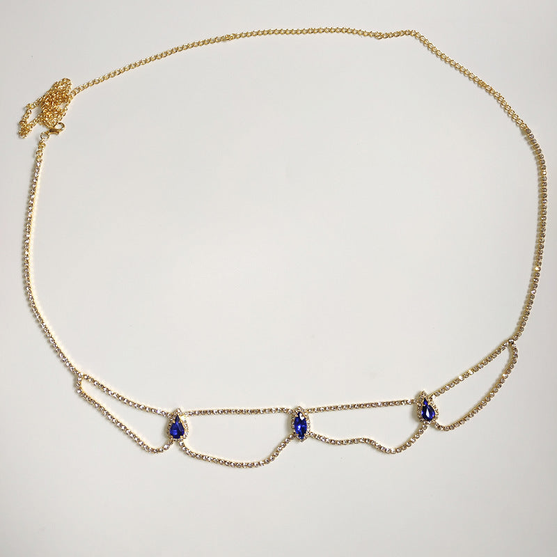 Ethnic Style Blue Alloy Body Chain For Women With Crystal Pattern And Electroplated Finish Featuring Rhinestones