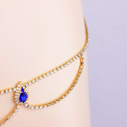 Ethnic Style Blue Alloy Body Chain For Women With Crystal Pattern And Electroplated Finish Featuring Rhinestones