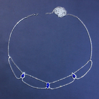 Ethnic Style Blue Alloy Body Chain For Women With Crystal Pattern And Electroplated Finish Featuring Rhinestones