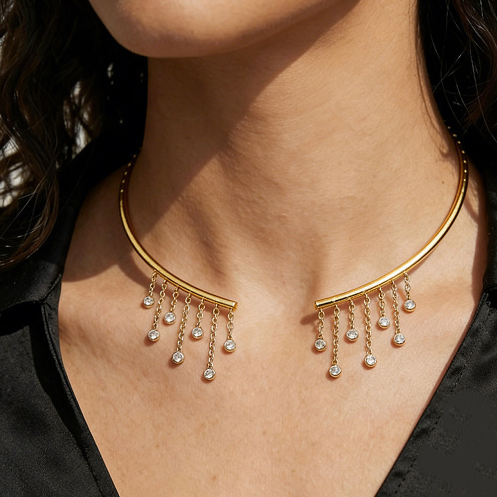 Geometric Tassel Alloy Choker With Rhinestones Pendant For Women, Stylish And Elegant Necklace