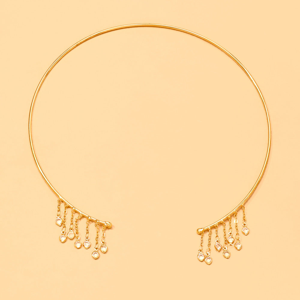 Geometric Tassel Alloy Choker With Rhinestones Pendant For Women, Stylish And Elegant Necklace