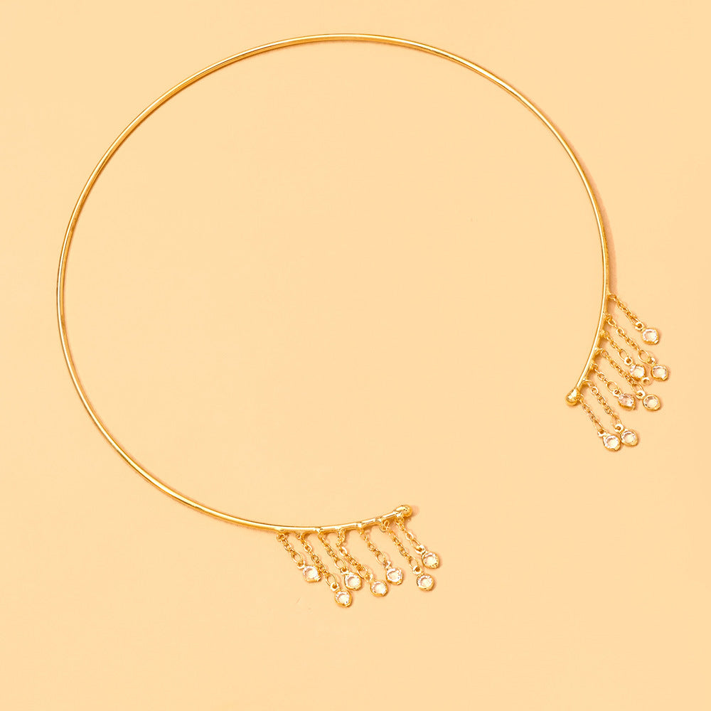 Geometric Tassel Alloy Choker With Rhinestones Pendant For Women, Stylish And Elegant Necklace