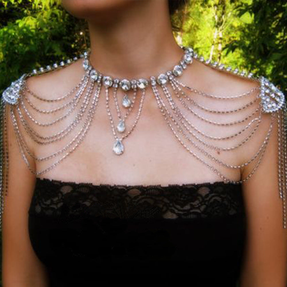 Bohemian Water Droplets Body Chain For Women With Tassel Craft And Rhinestone Inlay, Electroplated Alloy Jewelry