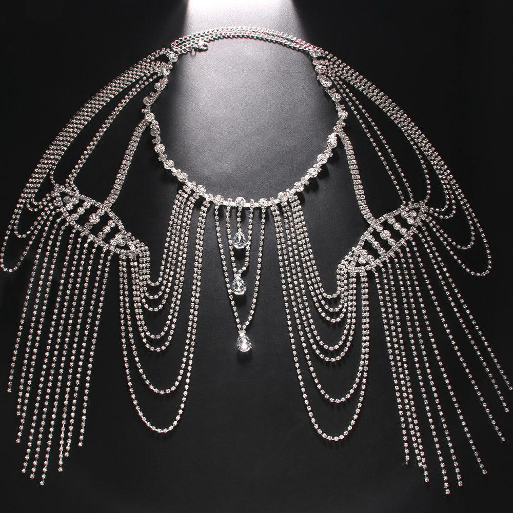 Bohemian Water Droplets Body Chain For Women With Tassel Craft And Rhinestone Inlay, Electroplated Alloy Jewelry