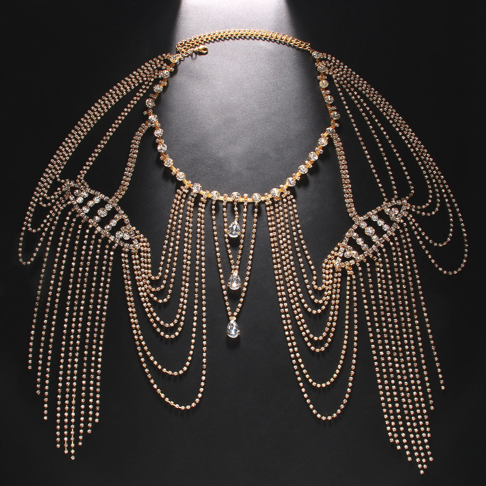 Bohemian Water Droplets Body Chain For Women With Tassel Craft And Rhinestone Inlay, Electroplated Alloy Jewelry