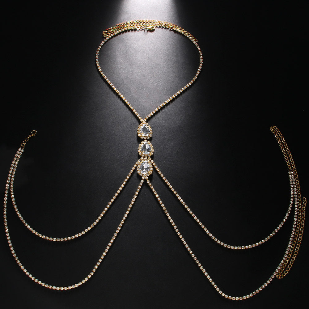 Silver Alloy Body Chain For Women Featuring Water Droplets Pattern With Electroplated Finish And White Crystal Inlay