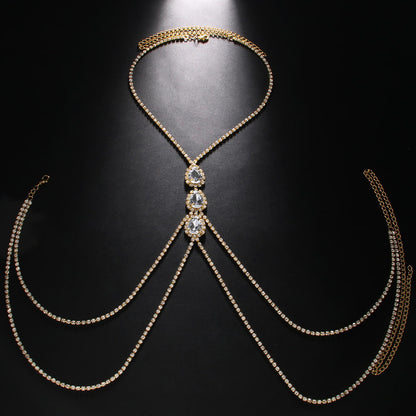 Silver Alloy Body Chain For Women Featuring Water Droplets Pattern With Electroplated Finish And White Crystal Inlay