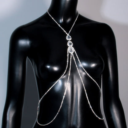 Silver Alloy Body Chain For Women Featuring Water Droplets Pattern With Electroplated Finish And White Crystal Inlay