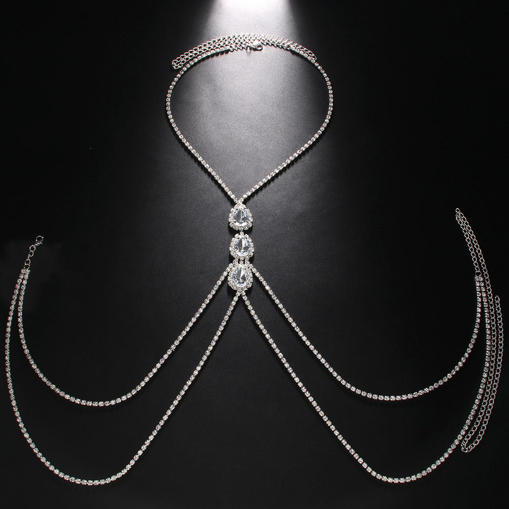 Silver Alloy Body Chain For Women Featuring Water Droplets Pattern With Electroplated Finish And White Crystal Inlay