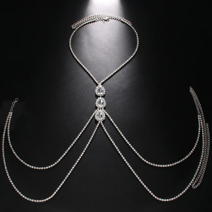Silver Alloy Body Chain For Women Featuring Water Droplets Pattern With Electroplated Finish And White Crystal Inlay