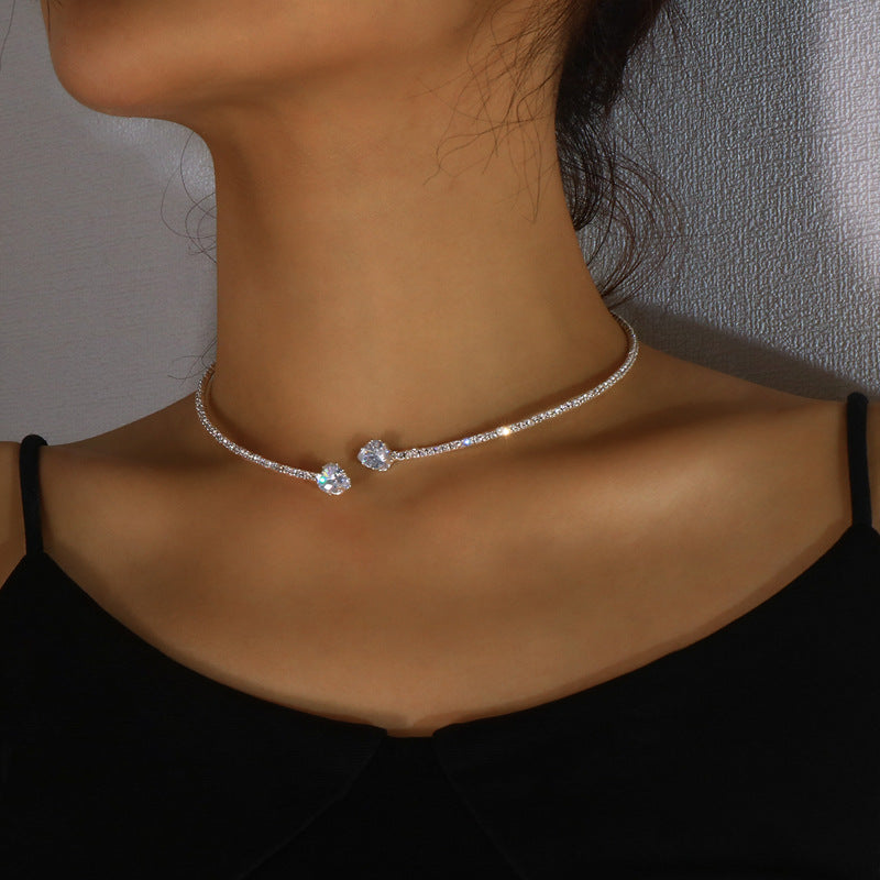 Heart Shape Alloy Choker With Rhinestones Pendant For Women In Silver