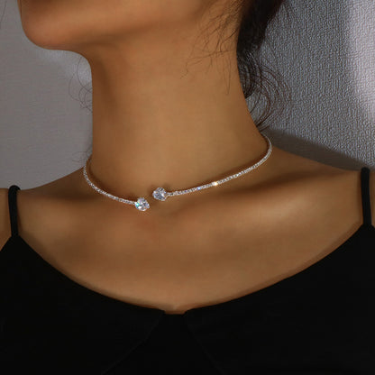 Heart Shape Alloy Choker With Rhinestones Pendant For Women In Silver