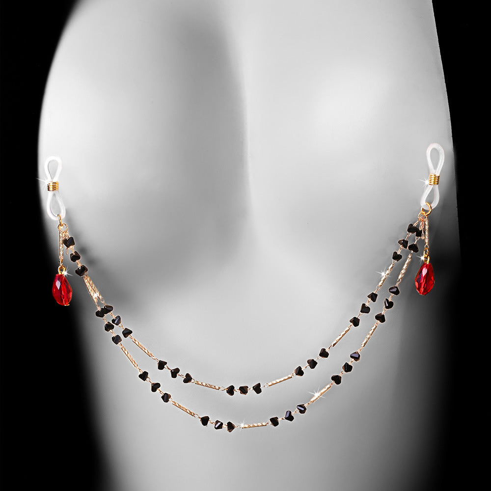 Red Alloy Body Chain For Women Featuring Crystal Pattern, Perfect Chest Jewelry For Nightclub