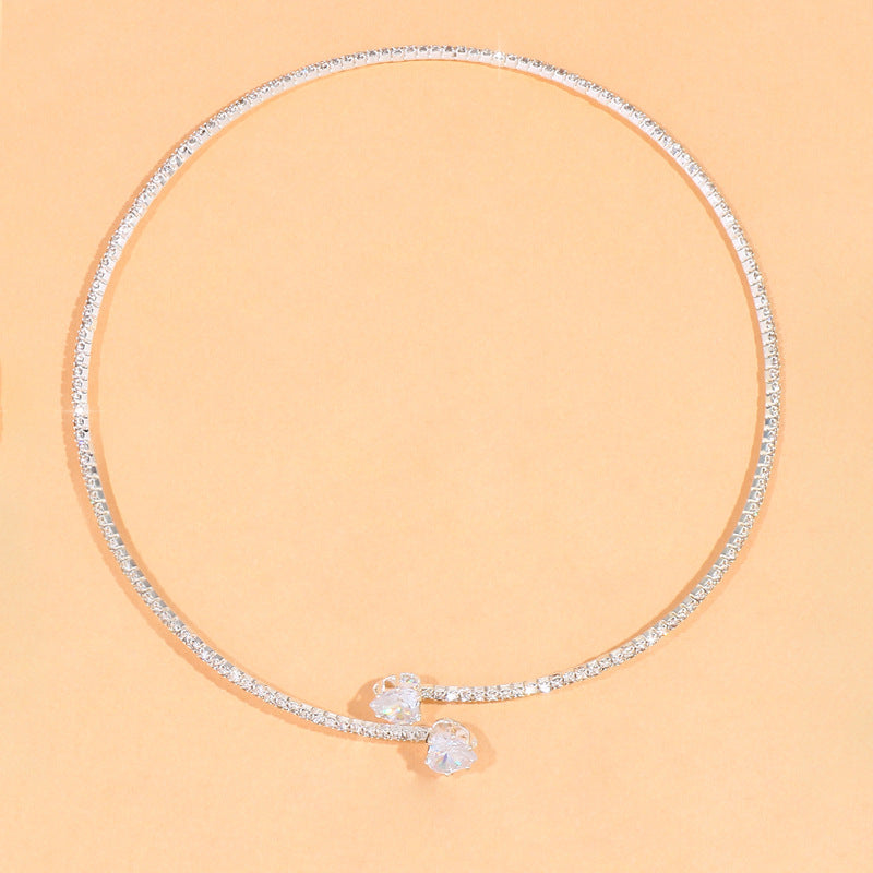 Heart Shape Alloy Choker With Rhinestones Pendant For Women In Silver