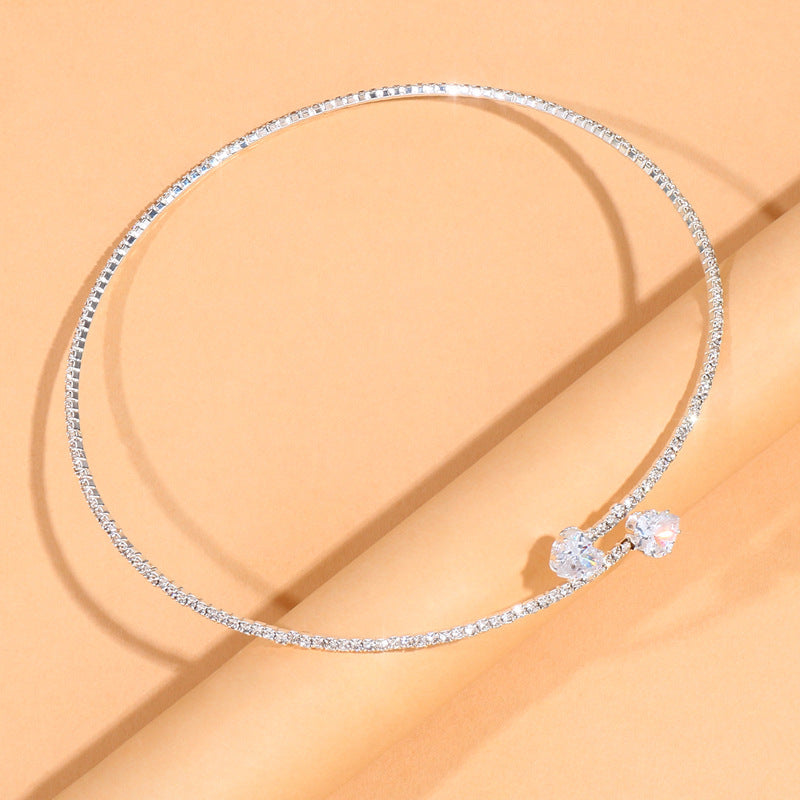 Heart Shape Alloy Choker With Rhinestones Pendant For Women In Silver