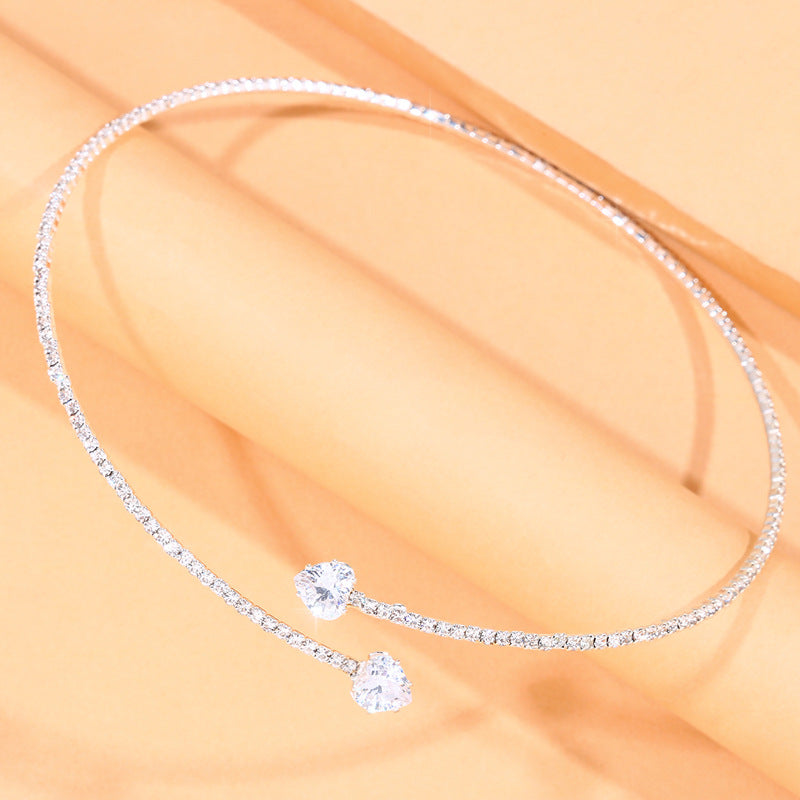 Heart Shape Alloy Choker With Rhinestones Pendant For Women In Silver