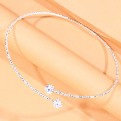 Heart Shape Alloy Choker With Rhinestones Pendant For Women In Silver