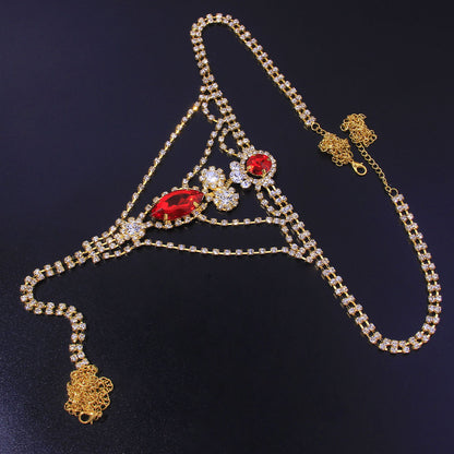 Luxurious Gold Alloy Body Chain For Women With Geometric Pattern And Electroplated Finish, Featuring July Birthstone Ruby