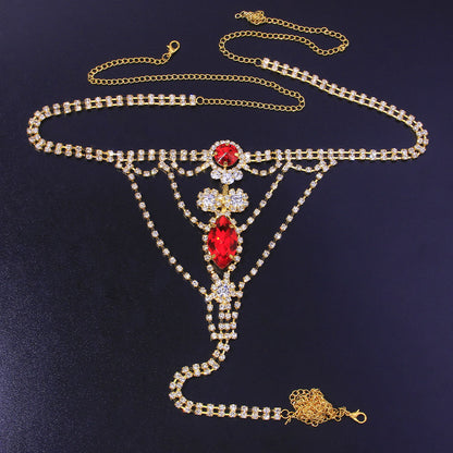 Luxurious Gold Alloy Body Chain For Women With Geometric Pattern And Electroplated Finish, Featuring July Birthstone Ruby