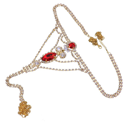 Luxurious Gold Alloy Body Chain For Women With Geometric Pattern And Electroplated Finish, Featuring July Birthstone Ruby