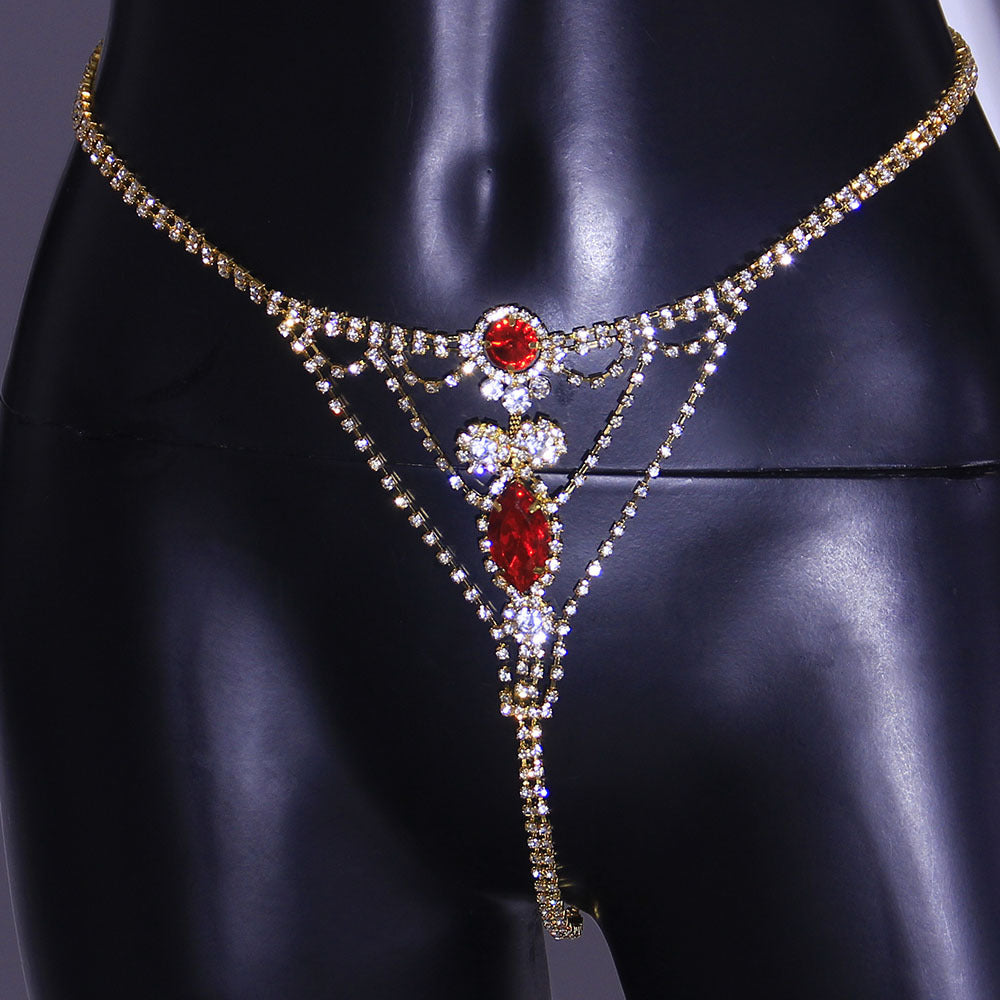 Luxurious Gold Alloy Body Chain For Women With Geometric Pattern And Electroplated Finish, Featuring July Birthstone Ruby