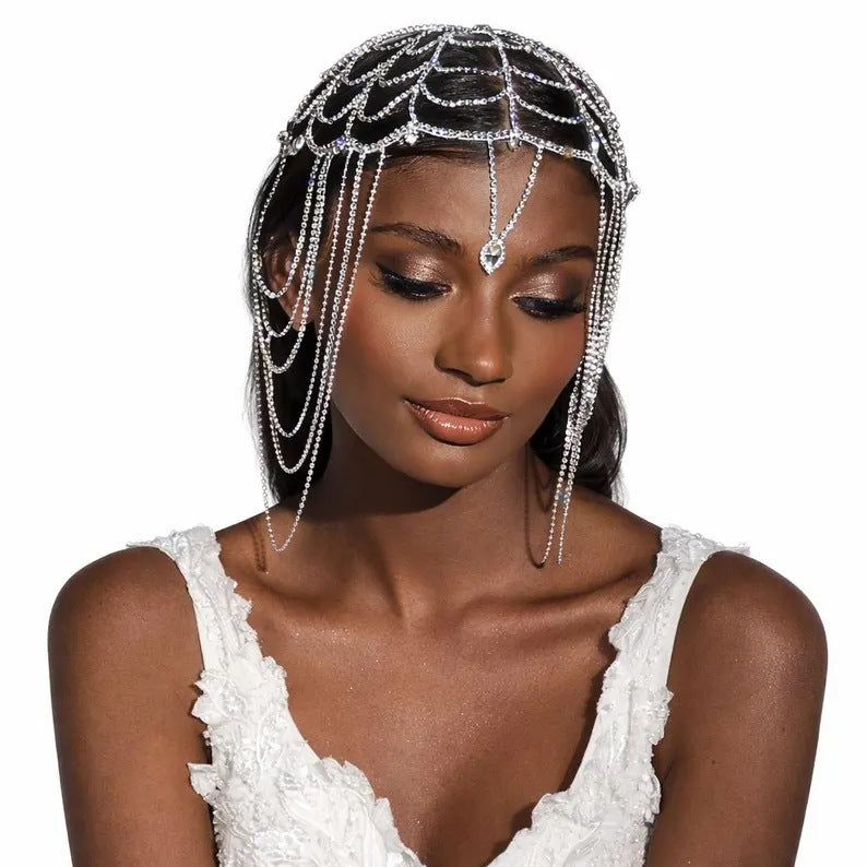 Elegant Tassel Hair Chain Insert Comb With Rhinestones In Silver, Perfect For Spring