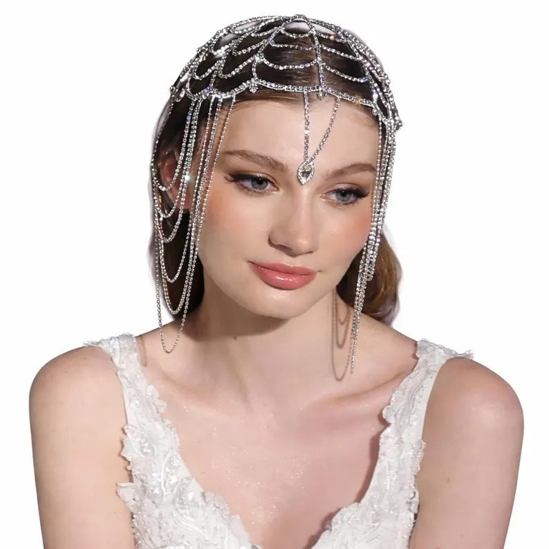 Elegant Tassel Hair Chain Insert Comb With Rhinestones In Silver, Perfect For Spring