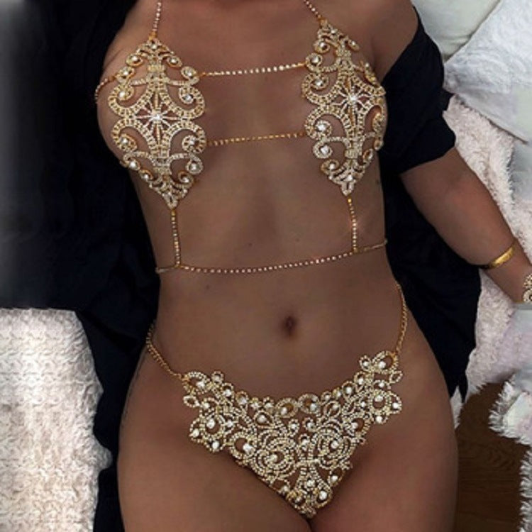 Exaggerated Silver Alloy Body Chain For Women With Floral Rhinestone Inlay, 1 Set Waist Accessory