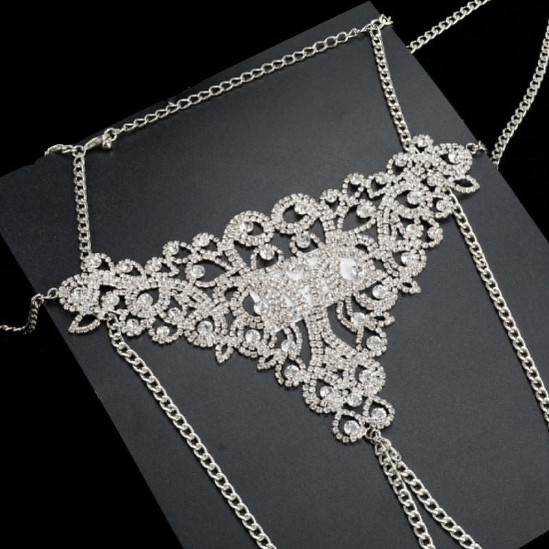 Exaggerated Silver Alloy Body Chain For Women With Floral Rhinestone Inlay, 1 Set Waist Accessory
