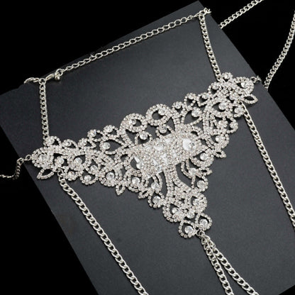 Exaggerated Silver Alloy Body Chain For Women With Floral Rhinestone Inlay, 1 Set Waist Accessory
