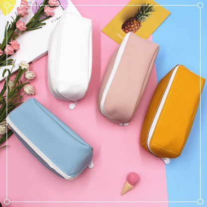 Solid Color PU Leather Pencil Case For Learning, Durable And Stylish Stationery Accessory
