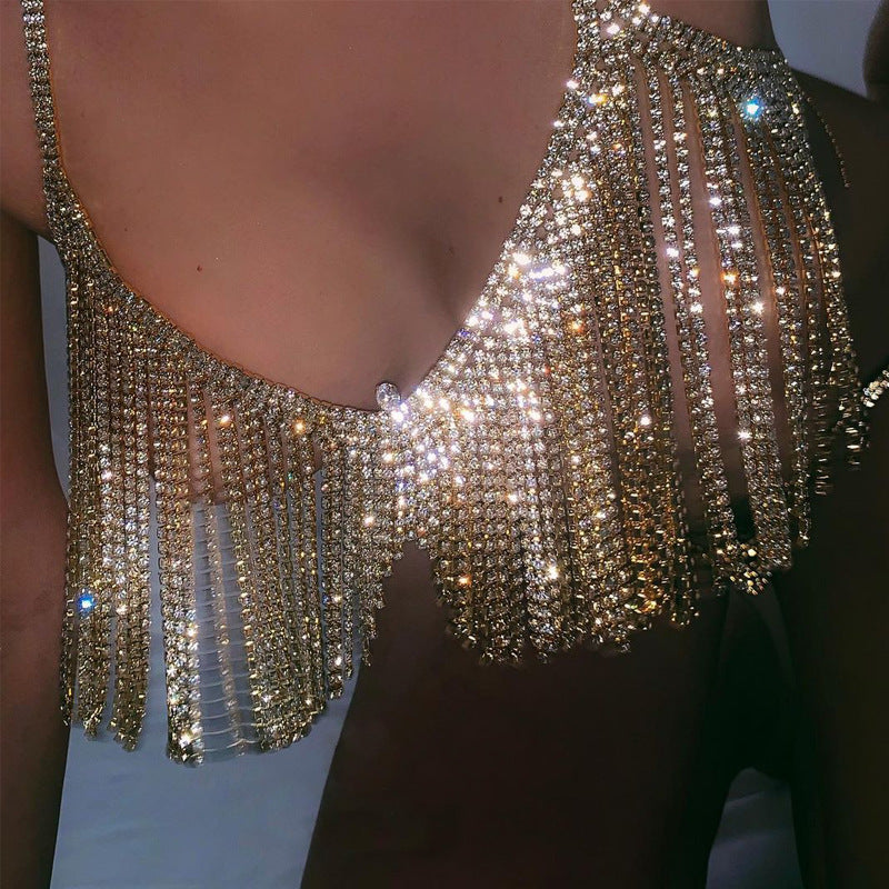 Silver Alloy Body Chain For Women With Geometric Tassel Design And Rhinestone Inlay