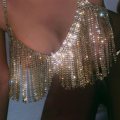 Silver Alloy Body Chain For Women With Geometric Tassel Design And Rhinestone Inlay