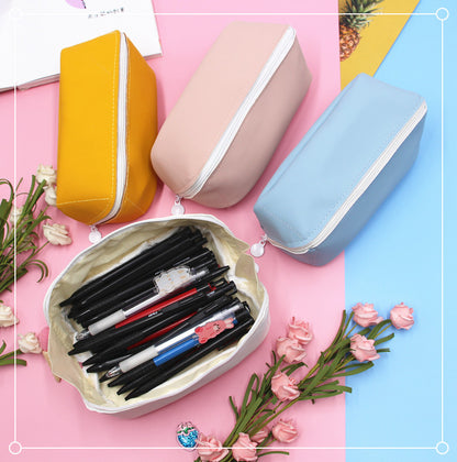 Solid Color PU Leather Pencil Case For Learning, Durable And Stylish Stationery Accessory