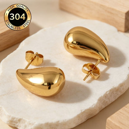 Water Droplets Hypoallergenic Stud Earrings In 18K Real Gold Plated 304 Stainless Steel With PVD Coated 0.03µm Thickness, Unisex