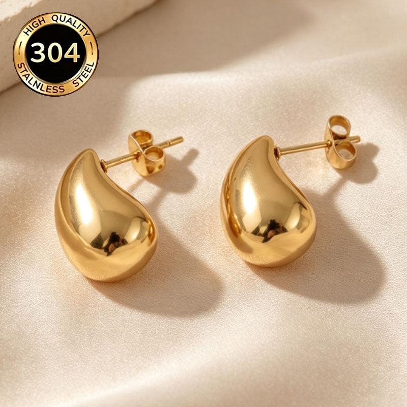 Water Droplets Hypoallergenic Stud Earrings In 18K Real Gold Plated 304 Stainless Steel With PVD Coated 0.03µm Thickness, Unisex