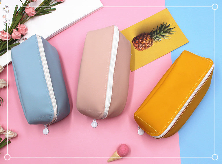 Solid Color PU Leather Pencil Case For Learning, Durable And Stylish Stationery Accessory